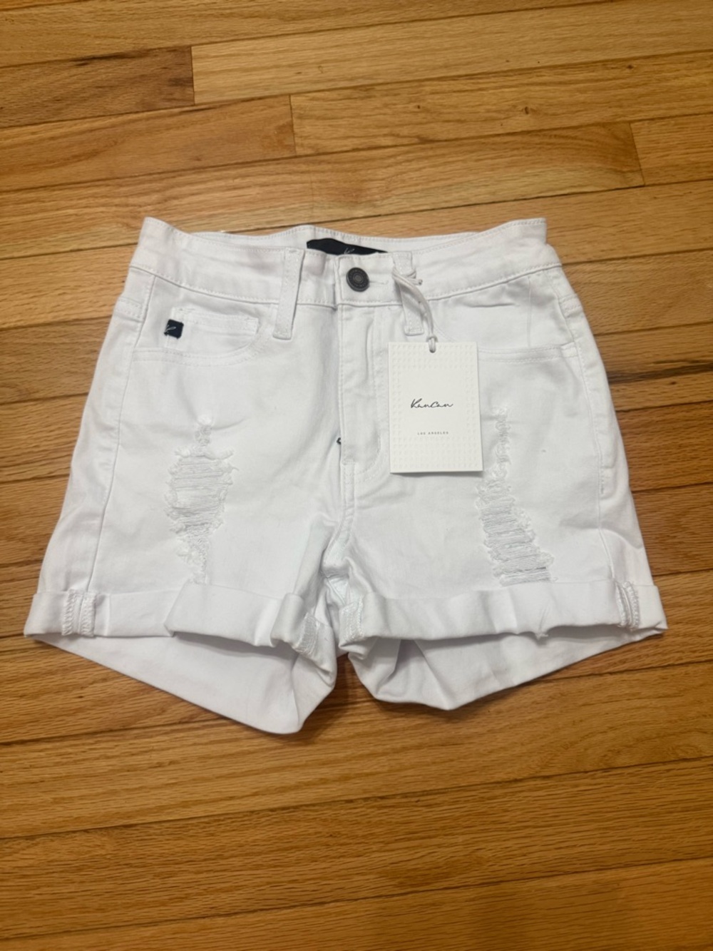 KanCan White Rolled Cuff Distressed Denim Shorts